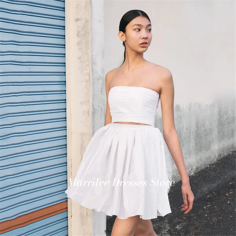 Marrilee MIni Two piece Korea Strapless Stain Prom Party Skirts Short Sleeveless Above Knee A-Line Pleating Corset Gowns Formal