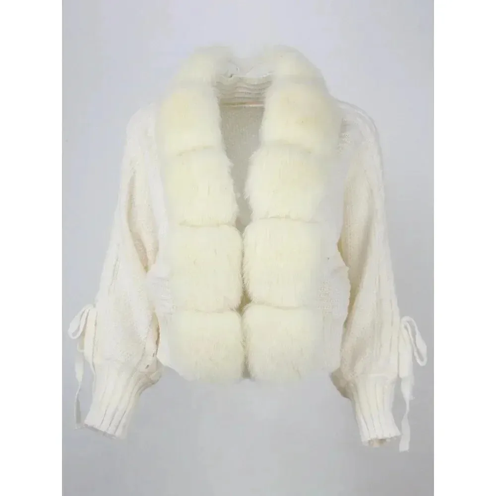 سترة محبوكة مع بلاكيت من فرو الثعلب الطبيعي للنساء ، معطف غير رسمي ، ياقة من الفرو الحقيقي ، قصيرة ، دافئة ، فضفاضة ، جديدة ، على الموضة الشتوية ،