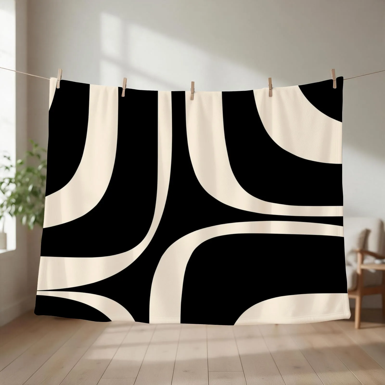 Retro Groove Abstract Minimal Pattern Black and Almond Cream Throw Blanket couch cozy soft plush fuzzy picnic outdoor blanket
