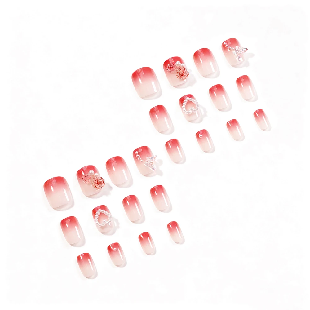 24個入り ショートスクエアプレスオンフェイクネイル ヌードピンクグラデーションフレンチ付け爪 蝶・ハート・ラインストーン付き アクリルフィンガーチップ