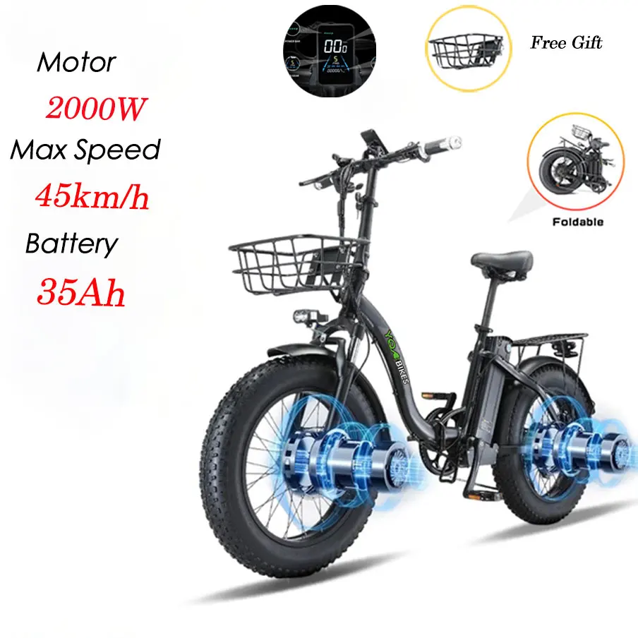 

2000W 35Ah Electric Bike Women Lady Foldable ebike 20inch Folding Electric Bicycle Fat Tire 45km/h Outdoor e-bikes Adult