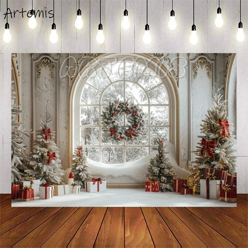 Christmas Backdrop Christmas Tree Garlands Gift White Arched Window Snow-covered Mountain View Background Photo Studio Photocall