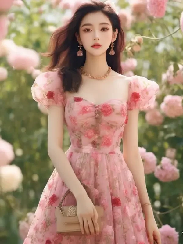 

2025 French retro rose V-neck bubble sleeve dress with summer niche design and waist cinching fairy long dress Hot SALE