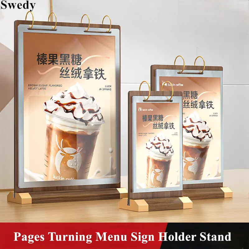 A4 210x297mm Page Filp Wood Base Acrylic Sign Holder Display Stand Table Note Holder Price Label Restaurant Menu Paper Holder