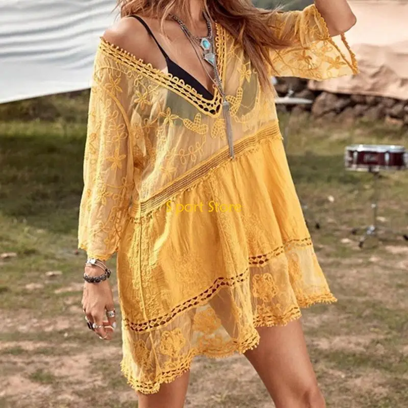 ملابس سباحة للسيدات من U2JB، ملابس سباحة مجوفة بغطاء للزهور، فستان شاطئ من الشيفون ذو فتحة عالية