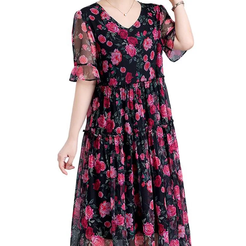 

Net Yarn Summer Ladies A-line Skirt Fashion Printing Pullovers Short Sleeve Casual Women's Clothing Perspective Vintage Dresses