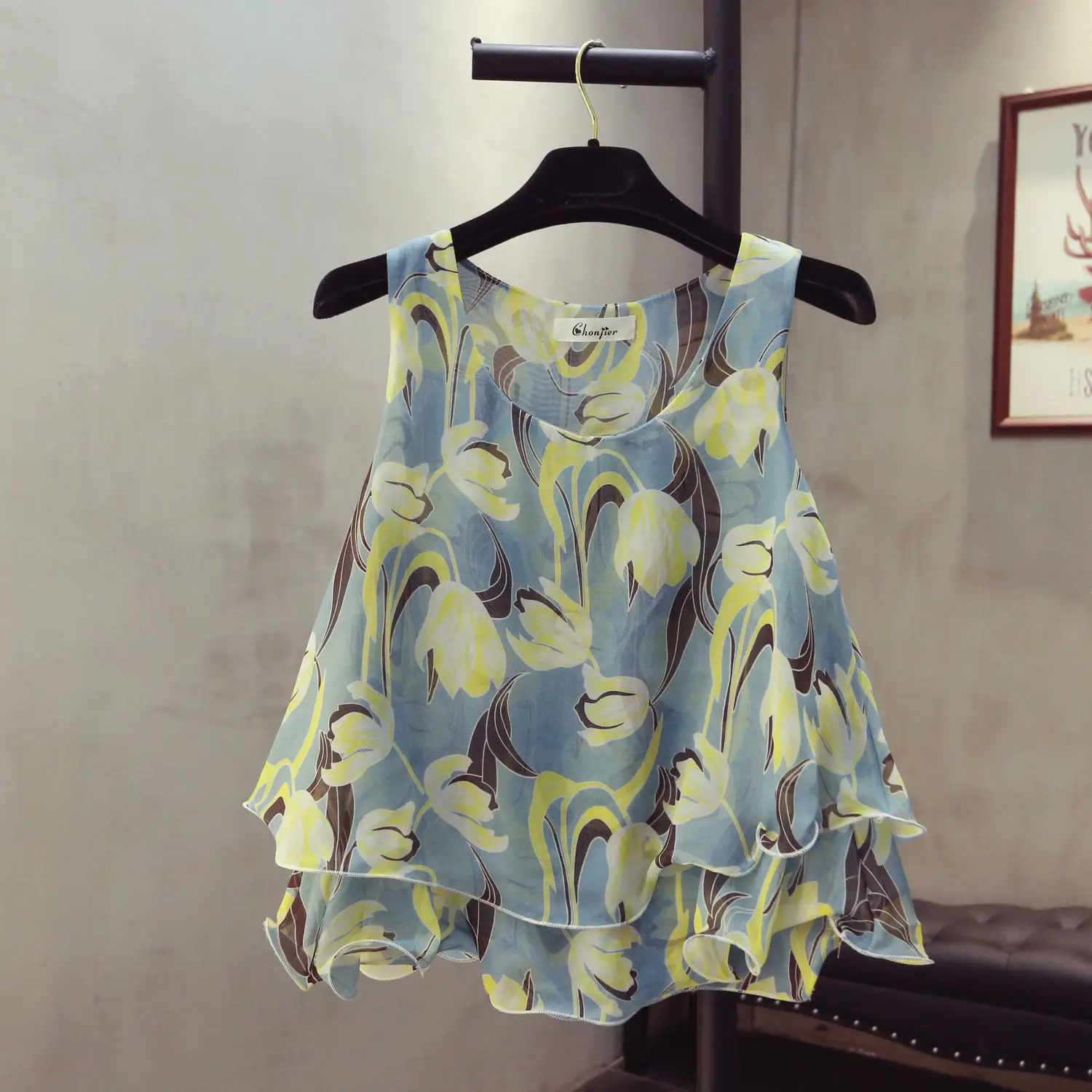 Korean Style Floral Printed Blouse Shirts Summer Sleeveless Ruffle Women Chiffon Shirts