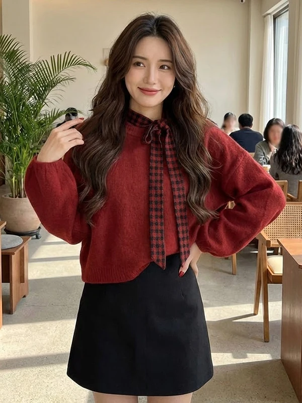 

Ladies' Red Plaid Knitted Sweater with Bow-Tie Loose Fit Spring 2026 Faion Slimming Sle Ci Walk Suitable round Ne