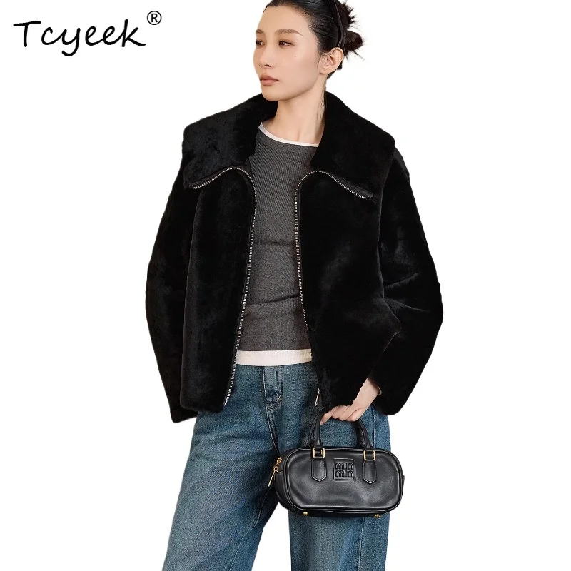 

Tcyeek Autumn Winter Genuine Leather Fur Integrated Lapel Loose and Medium Length Women's Lamb Wool Fur Coat Fourrures Femme
