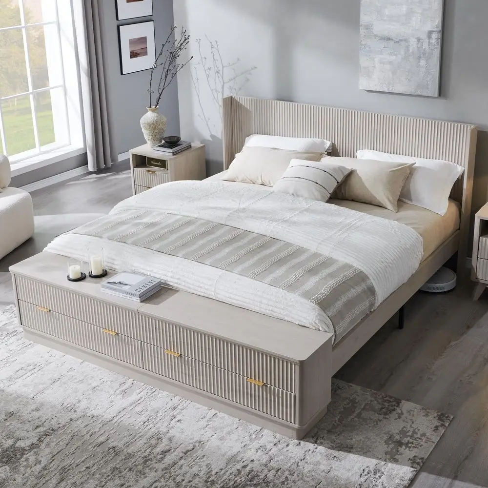 

Fluted King Size Bed Frame with Wingback Headboard, Footboard Storage Bench with Builtin Drawers amp Lift Compartments, Wood