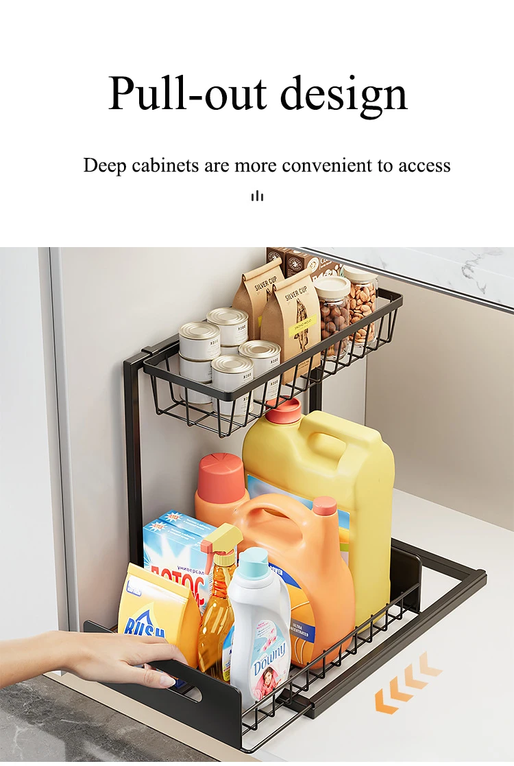 Kitchen Storage Shelf for Clutter-Free Ironwork 2-Tier Dish & Spice Storage Rack Multi-functional Pull-Out Under Sink Organizer