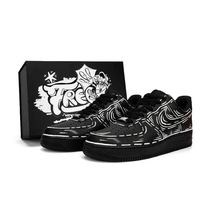 

[Custom Black and white in the second dimension]Nike Air Force 1 Skateboard Shoes Men Low-Top
