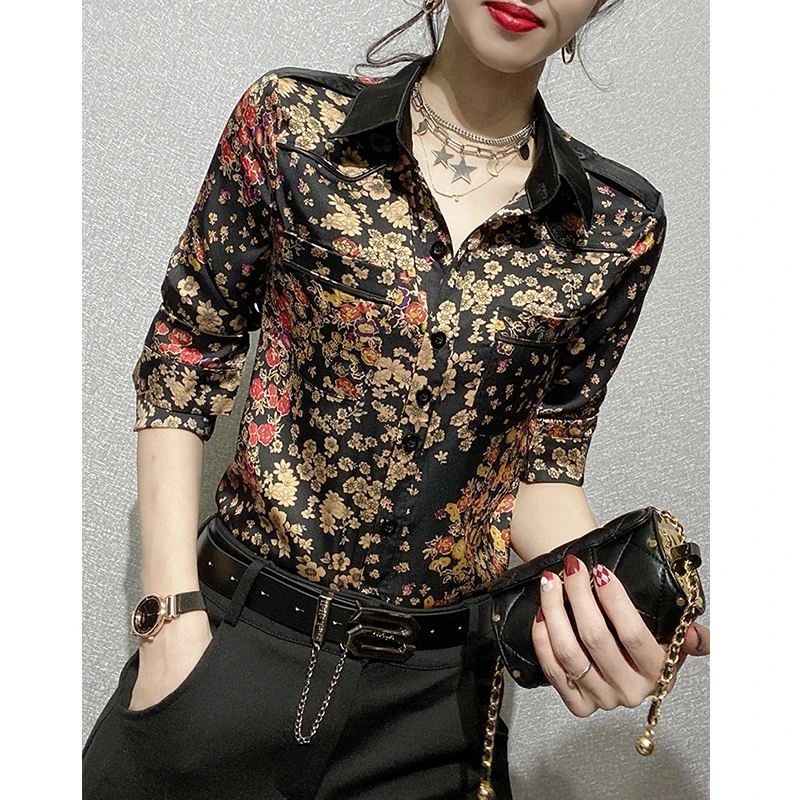 

2024 New Fall Winter High Satin Shirts Office Lady Pockets Blouses Fashion Sexy Button Print Ditsy Women Long Sleeve Tops 311131