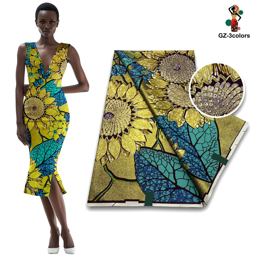 New African Fashion Glitter Grand Golden Wax Fabric High Quality Nigeria Gold Printed Ankara Wax Materials 6yards Women Pagne