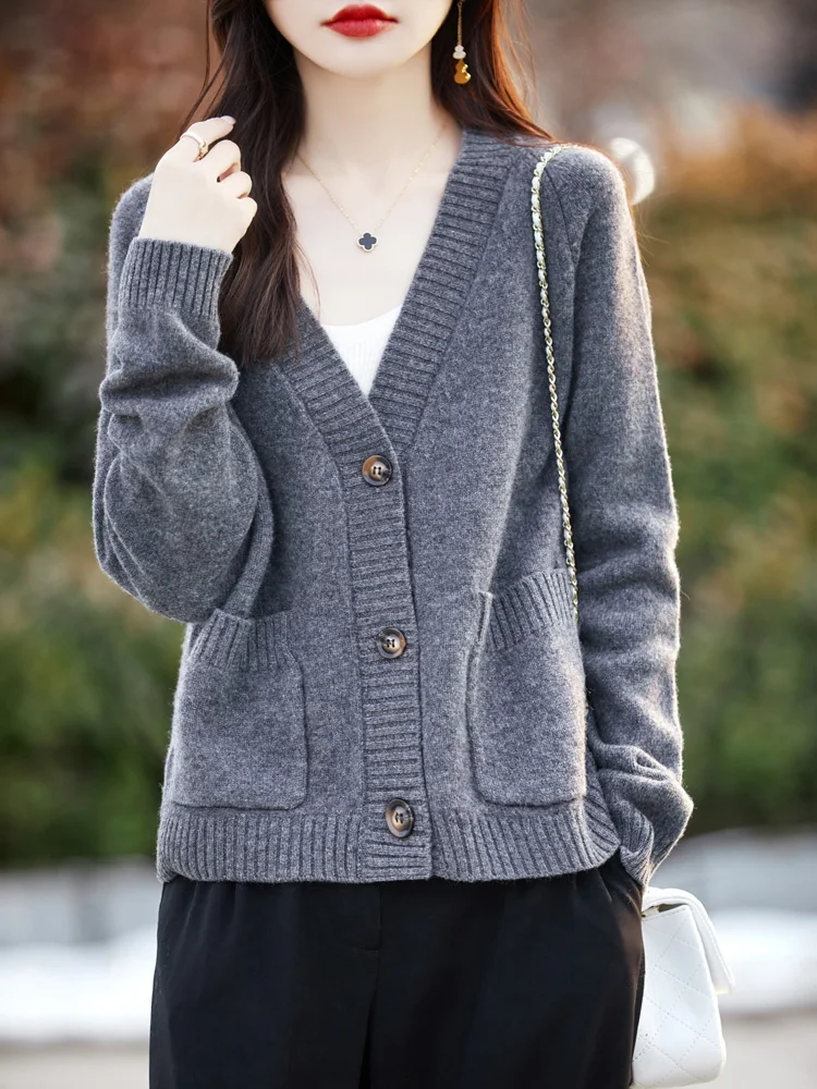2024 New Spring Fashion Women 100% Merino Wool Cashmere Sweater  V-neck Cardigan Buttons Lazy Temperament Knitwear  Top Coat