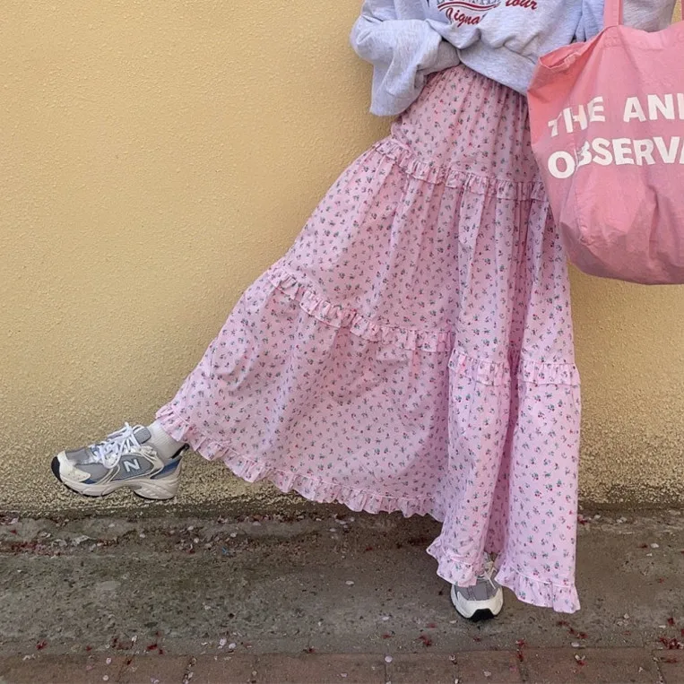 

High Waist Flared Floral Semi-Body Skirt Elastic Waist Spring Autumn Winter Korean Sle Women's Faion Casual Skirt