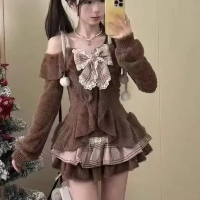 اليابانية Kawaii لوليتا تنورة قطعتين مجموعة براون الحلو مائل الرقبة أعلى + تنورة منقوشة فتاة حلوة جماليات الملابس تنورة البدلة #1