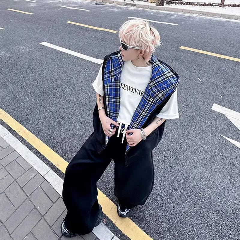 

TANGZ STUDIO Plaid Patchwork Casual Sports Suit Cleanfit Sleeveless Vest Knife Pants Two-Piece Set for Teenage Boys