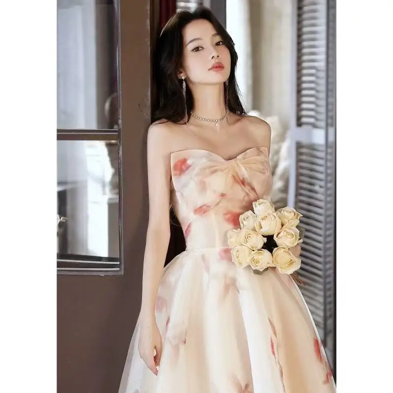 

Вечерние платья без бретелек с бантом, шифоновое трапециевидное платье, сказочная милая принцесса, сексуальное элегантное платье длиной до пола с цветочным принтом