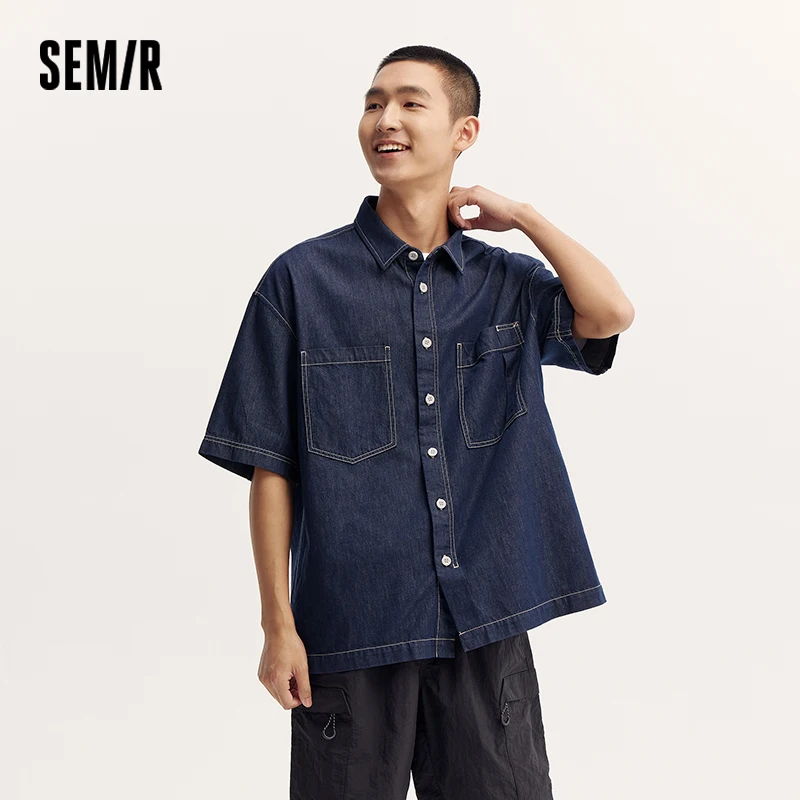 Semir Short Sleeve Shirt Men 2024 New Summer Version Color-blocking Pure Cotton Top Trendy Denim Workwear