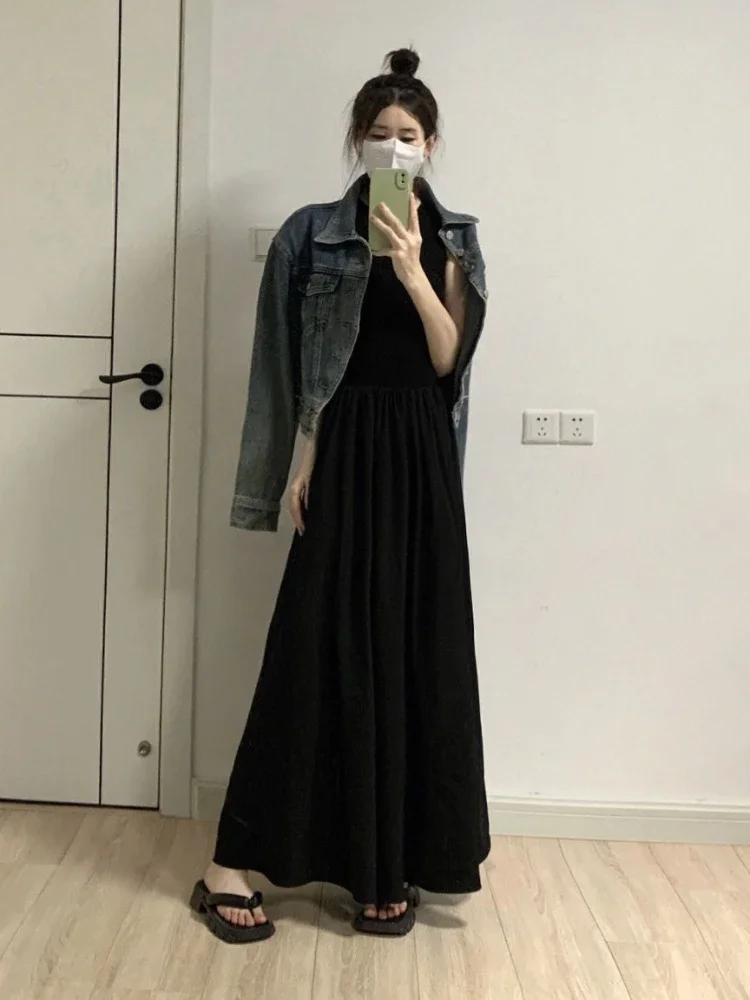 Sukienka maxi damska letnia streetwear tunika vestidos elegancka uniwersalna linia A kobieca temperament harajuku jednolity kolor miękka vintage