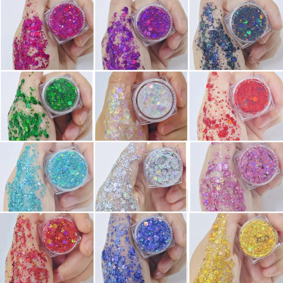 顔用グリッタージェル、12色のホログラフィックスパンコールメイクアップフェスティバルボディ、顔、アイシャドウ、爪、髪用グリッタージェル