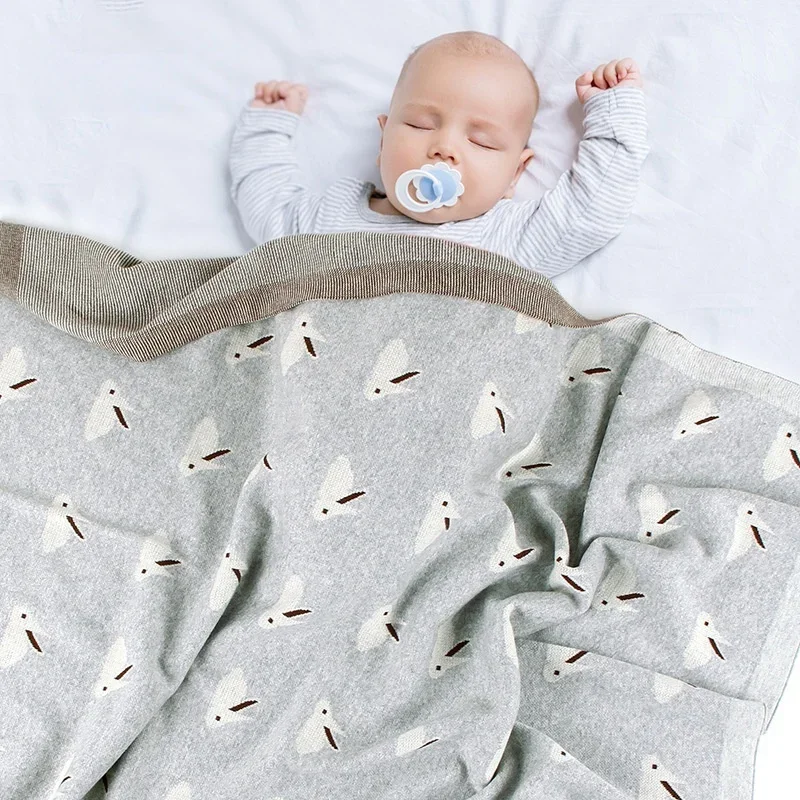 Cute Rabbit Print Knitted Baby Blanket 100*80cm Multi Use Soft Swaddle Wrap Stroller Cover or Play Mat for Newborns