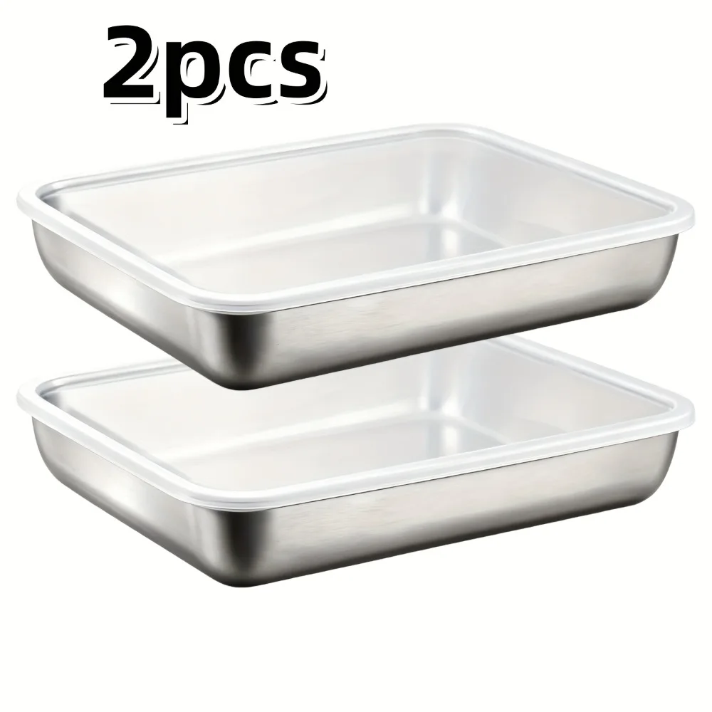 

2-Piece Commercial 410 Stainless Steel Food Storage Box with Lids, Heavy Duty Stackable Kitchen Tray for Dumplings Meat