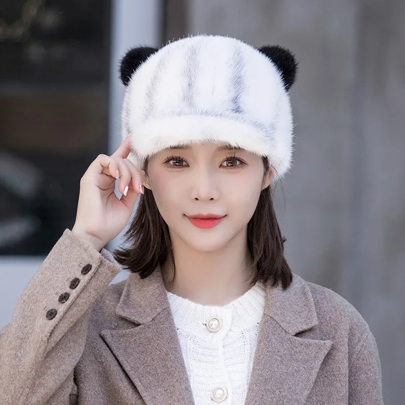 A leather hat for women's autumn and winter warmth fashionable versatile cute cat-eared fur