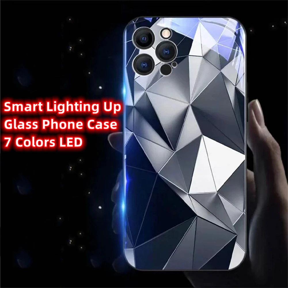 

Silver Rhombus Pattern LED Light Up Case Glass Luminous Back Cover For iPhone 15 14 13 12 11 Pro Max X XR XS Plus 6 7 8 SE2020