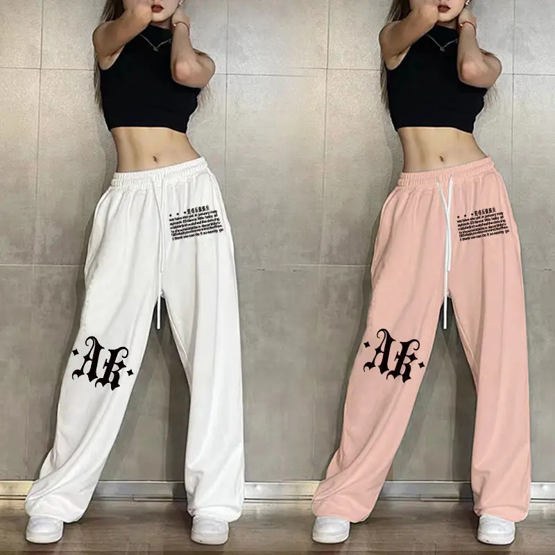 Hip Hop Streetwear Women's Dance Sweatpants Korean Spring Summer Print Drawstring Elastic Waist Loose Sports Wide Leg Trousers
