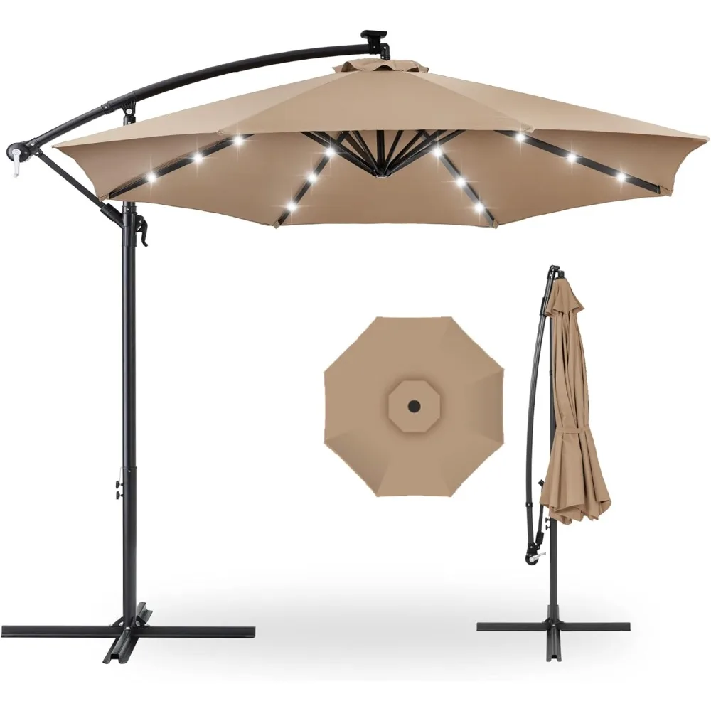 new 10ft Solar LED Offset Hanging Market Patio Umbrella for Backyard, Poolside, Lawn and Garden with Easy Tilt Adjustment