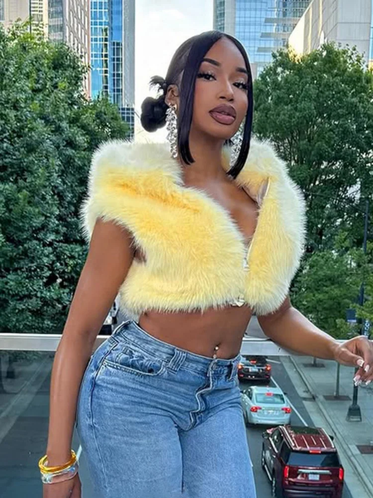 

Sister Star Women Jacket Fashion Solid Color Fur Zipper Hooded Sleeveless Navel Top Nightclub Party Vacation Pair Short Jacket