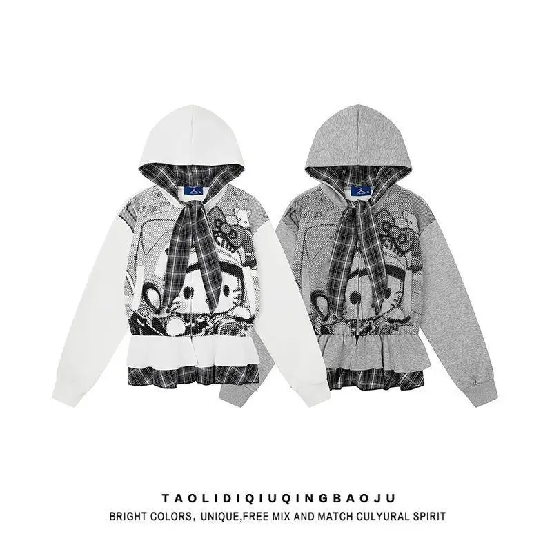 Sanrio Hello Kitty Kawaii Anime mode décontracté imprimé Plaid sweat à capuche Cardigan ample veste ensembles en Promotion pantalon