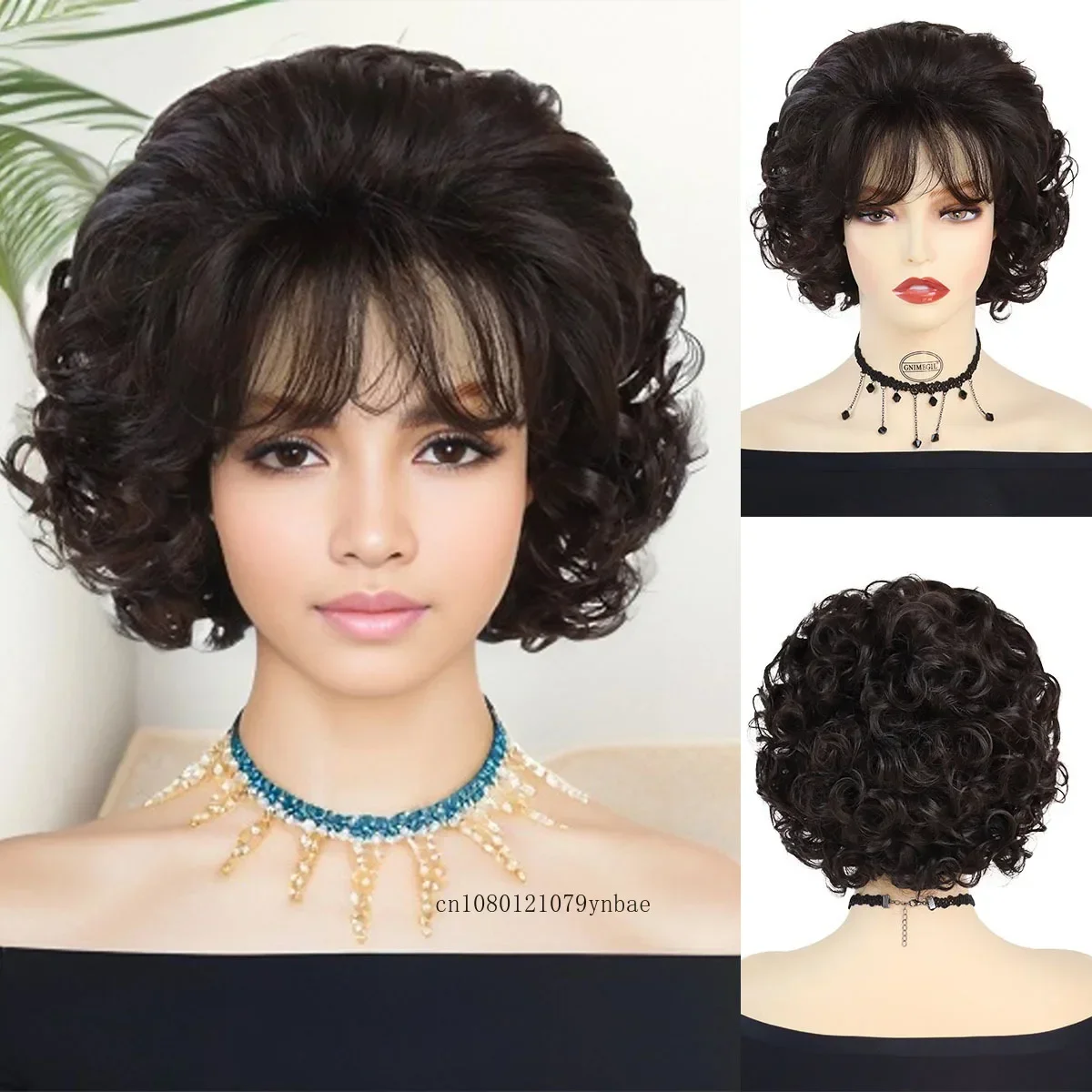 

Synthetic Hair Short Curly Wigs for Women Dark Brown Wig with Bangs Natural Looking Daily Costume Party Use Elegant Mommy Wig