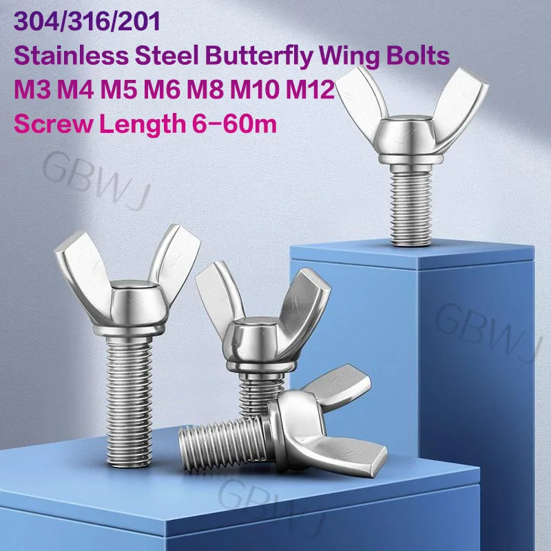 304/316/201 Stainless Steel Butterfly Wing Bolts Hand Tighting Wing Head Thumb Screws M3 M4 M5 M6 M8 M10 M12 Length 6-60mm