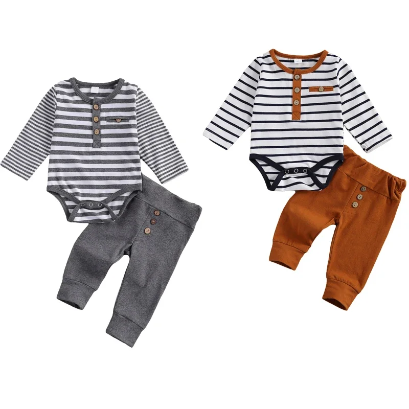 Lioraitiin babyjongen meisje casual gestreepte romper 2-delige set, ronde hals lange mouw knoopdecoratie, losse broek