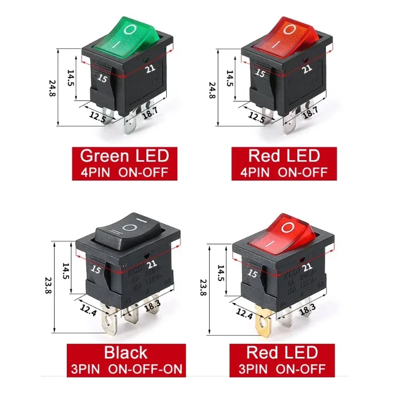 KCD1 Square Plastic Rocker Switch with LED (Black/Red/Green) for Boat, Car & AC/DC Applications ON OFF Power Rocker Switch