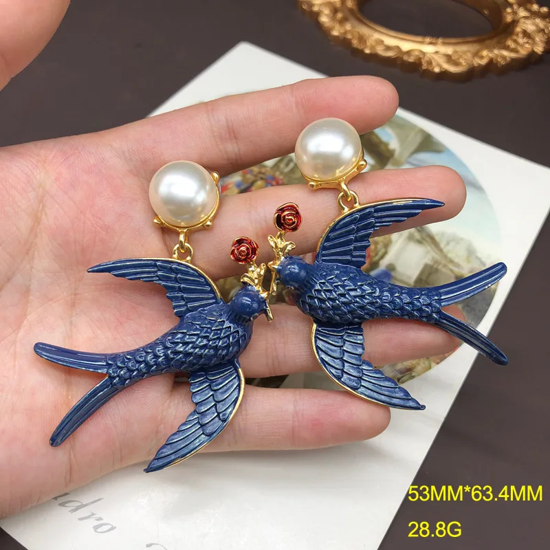 vintage jewelry elegant enamel glaze glass pearl swallow necklace stud earrings  for women