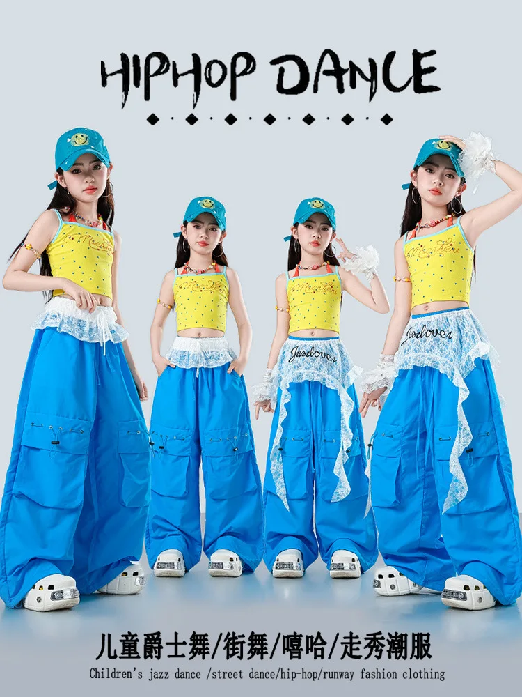 Kids Hip Hop Dance Outfit Yellow Sling Crop Top Cargo Pants Lace Decor Girls Jazz Costumes Kpop Stage Show Streetwear Clothes