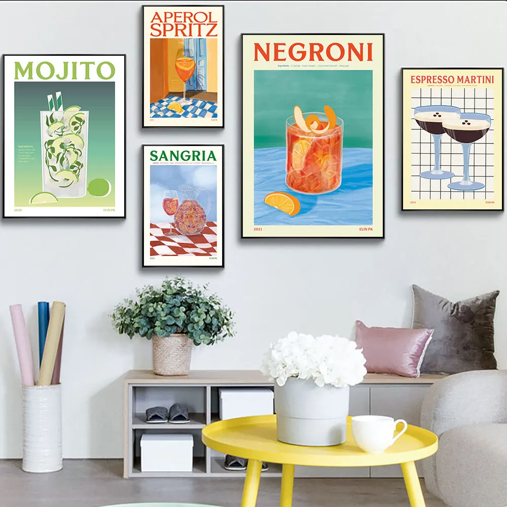 

Drink Posters and Prints Aperol Spritz Mojito Negroni Sangria Wall Art Canvas Painting Nordic Wall Picture for Kitchen Bar Decor