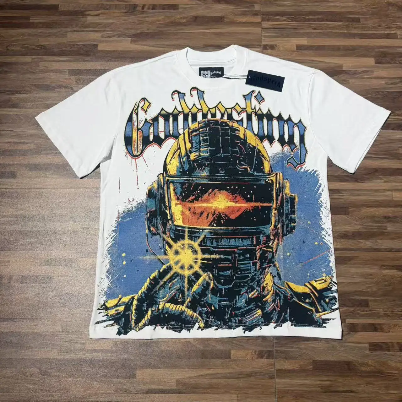 Godspeed Retro Robot Warrior Print Cotton T-Shirt round Neck Short Sleeve Casual Streetwear for Youth Unisex Non-ironed