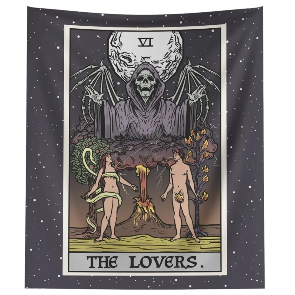 The Lovers Tarot-Karten-Wandteppich, Sensenmann, Halloween, Schlafzimmer, Horror, Heimdekoration, Gothic-Paare, Kunst, Goth, Wandbehang, gruselige Geschenke