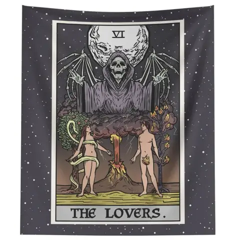 The Lovers Tarot Card Tapestry Grim Reaper Halloween Bedroom Horror Home Decor Gothic Couples Art Goth Wall Hanging Spooky Gifts