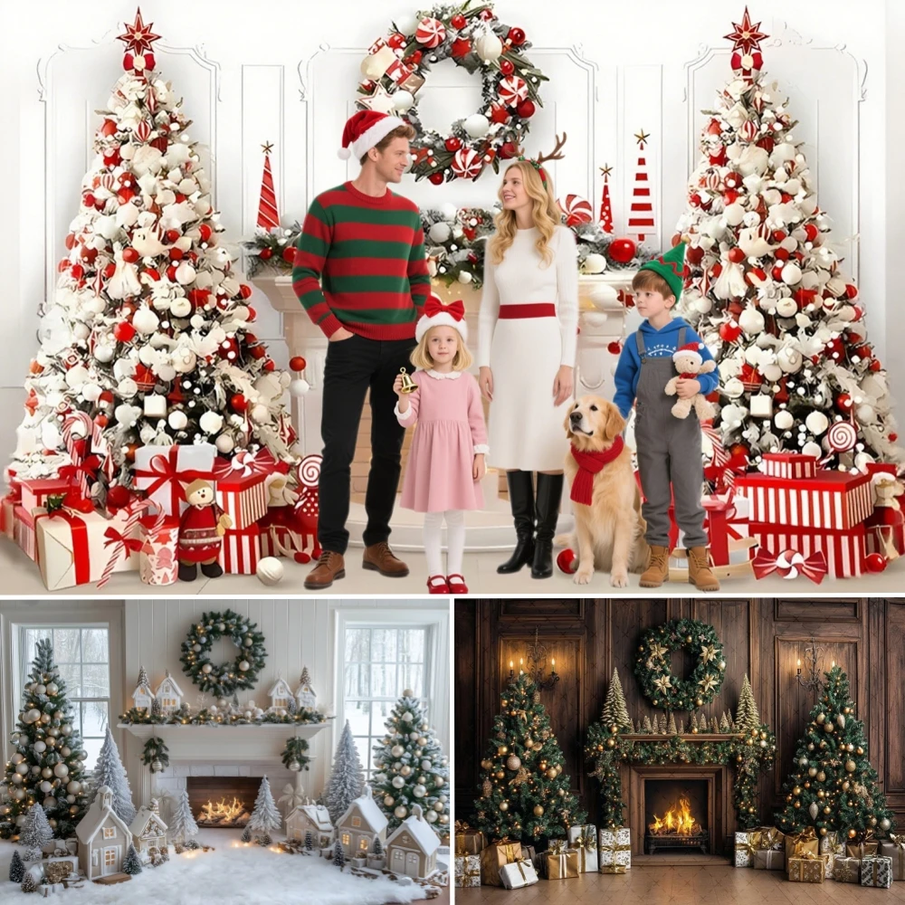 

Winter Christmas Photography Background Window Fireplace Xmas Tree Children Family Portrait Decor Backdrop Photo Studio3