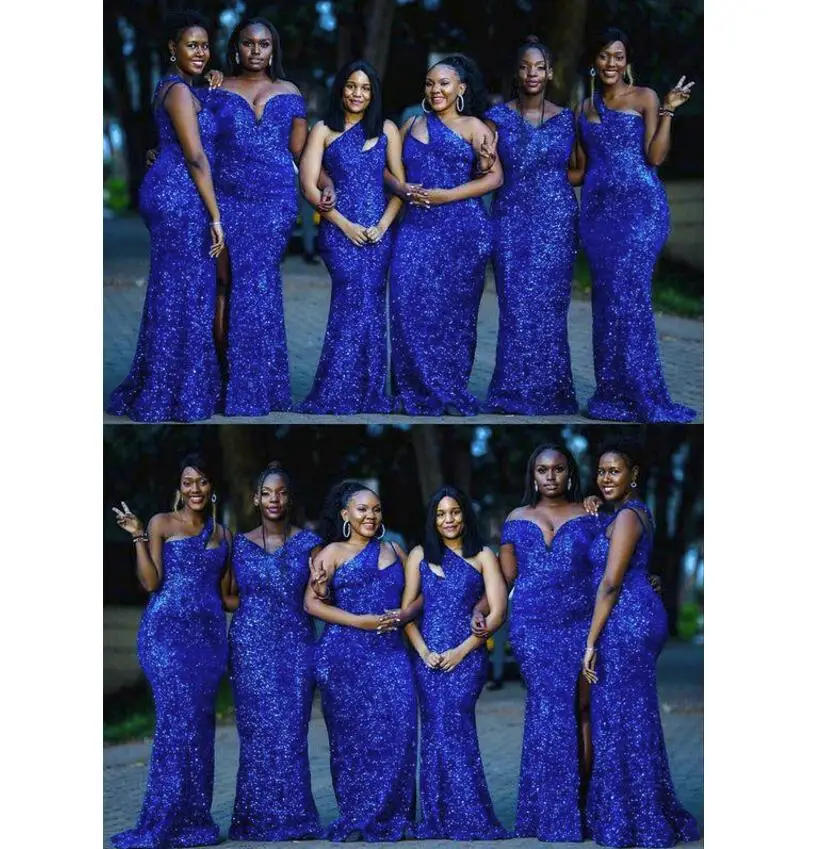 Royal Blue Sequins Bridesmaid Dresses 2022 Mermaid Multi Style Plus Size Women Formal Evening Party Gowns Sleeveless Reception