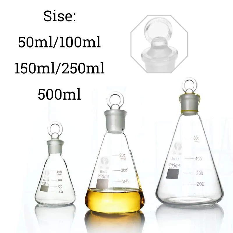 Juego de matraz Erlenmeyer de vidrio de 50 ml-500 ml, botellas de laboratorio cónicas con tapones, cristalería para experimentos de química