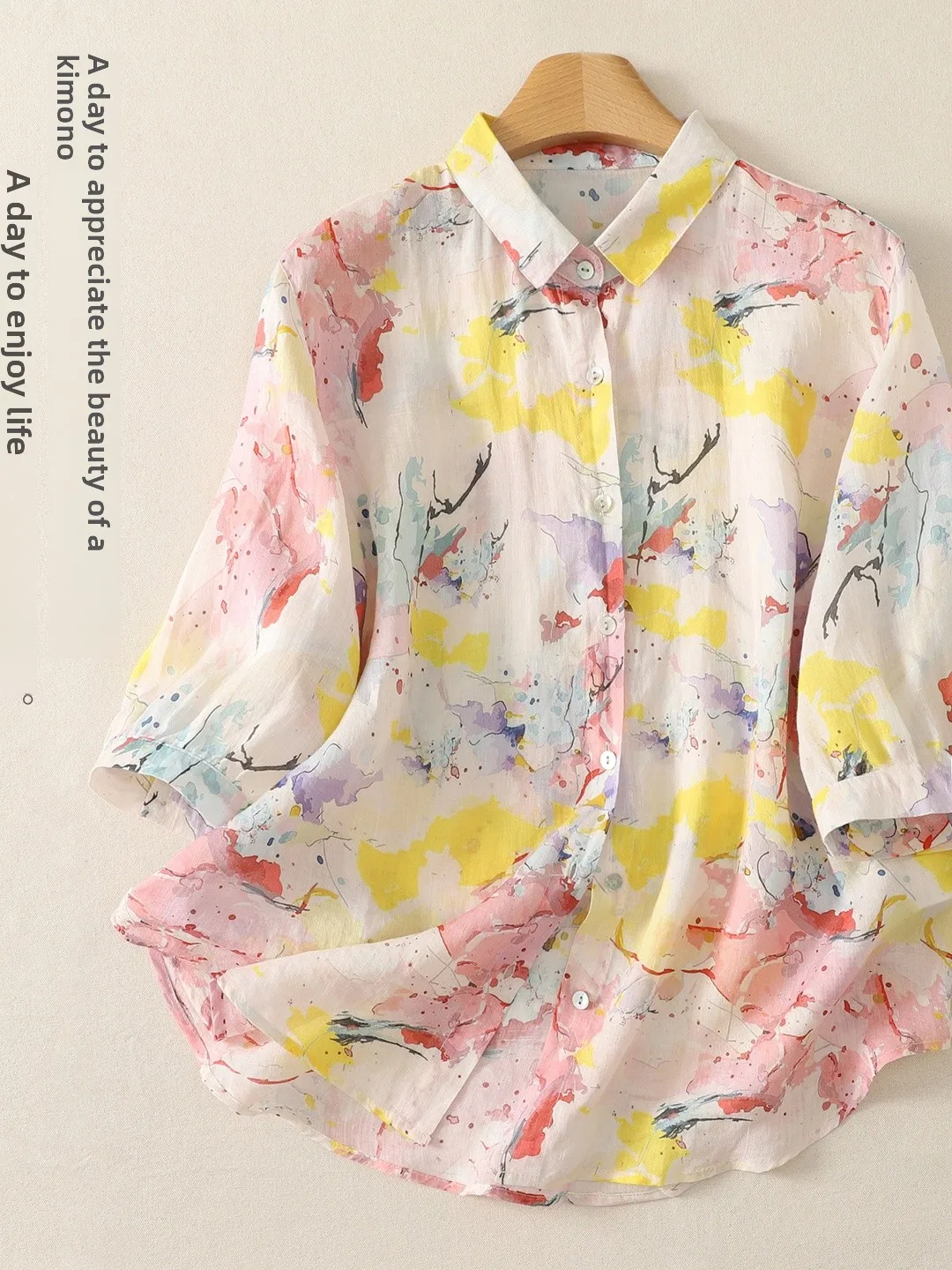 

Artistic Bohemian Women's Short Sleeve Shirt Thin Breathable Loose Fit Button up Summer Top Floral Print Casual Fashion