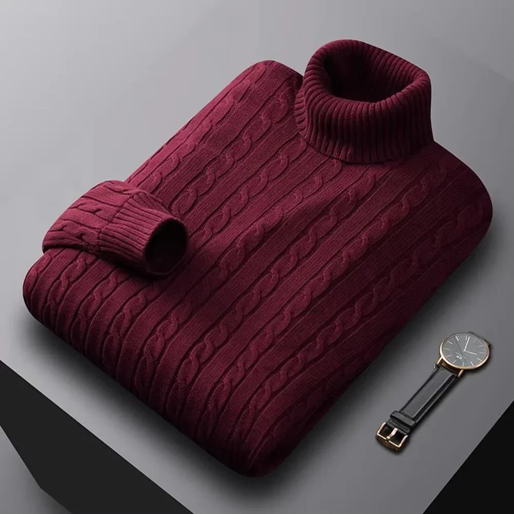 Autumn New Men's Turtleneck Jacquard Sweater Solid Color Knitted Pullover Casual Warmth High Elastic Versatile Male Sweatwear - Image 5