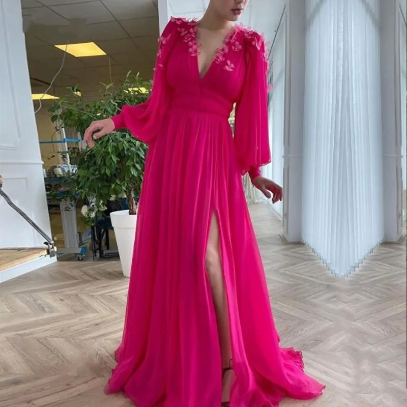 

Romantic Hot Pink Prom Dresses with Flowers V-Neck Pleats Long Puff Sleeves Sexy Arabic Evening Gown Celebrity Party Dress